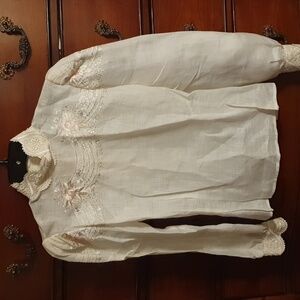 Vtg Dellaporta Embroidered Linen Puff Sleeve Blouse
